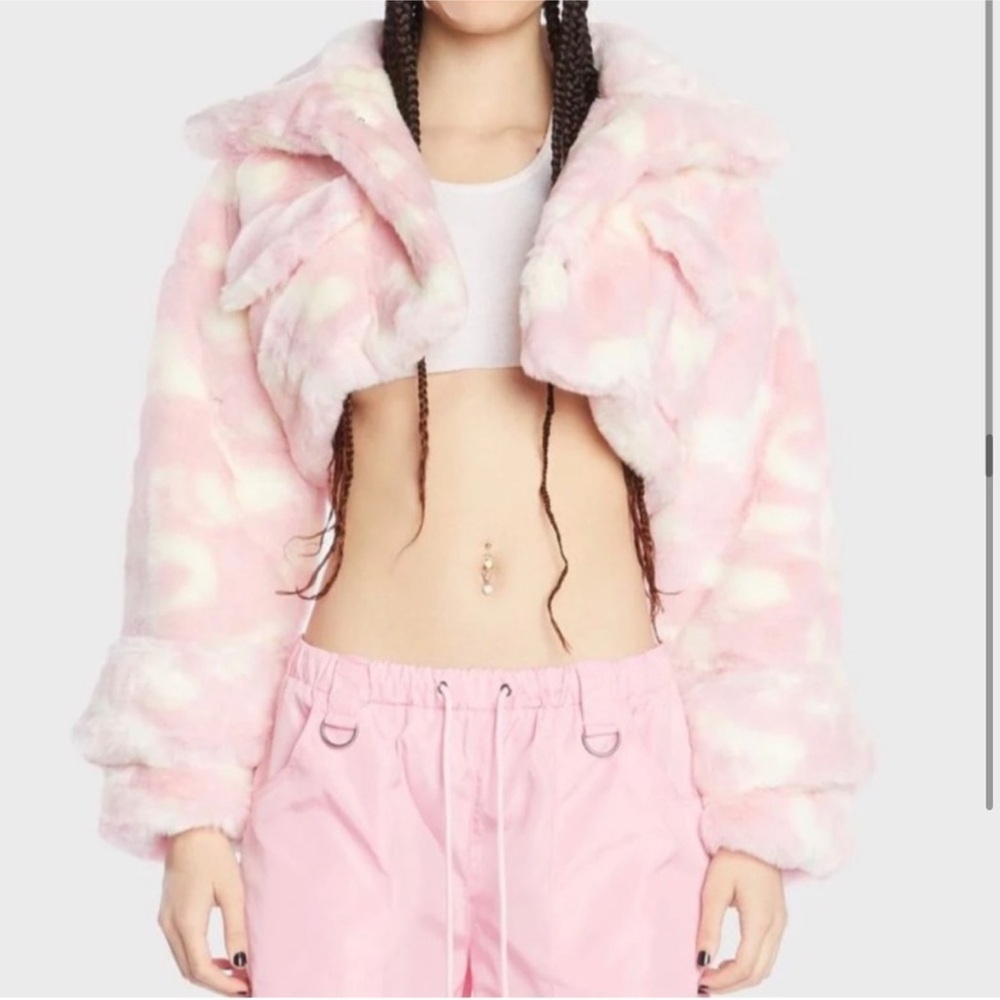 Namallia limited edition pink & white dollar sign & d*ck faux fur cropped jacket